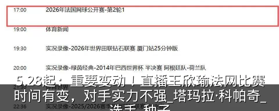 5.28起：重要变动！直播王欣瑜法网比赛时间有变，对手实力不强_塔玛拉·科帕奇_选手_种子